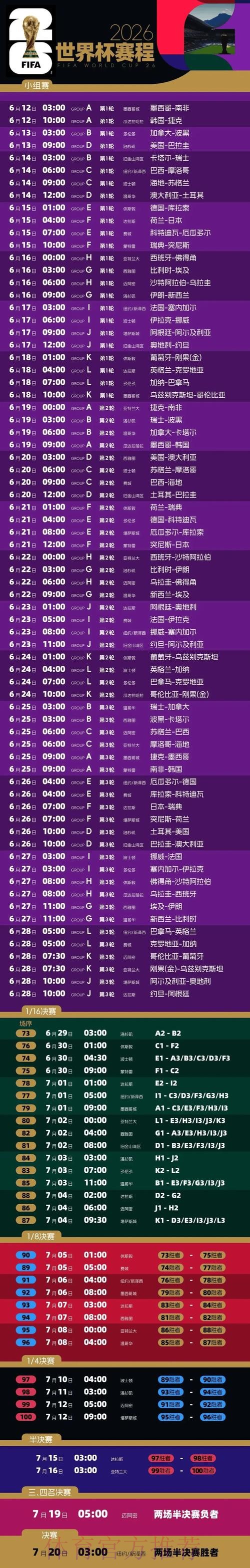 2026世界杯完整赛程高清版实时赛程在哪里看